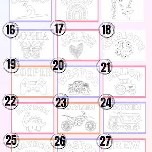 May include: A collection of coloring pages featuring names and various illustrations. Designs include a gymnast, a rainbow, a mermaid, a butterfly, a heart, a unicorn, a video game controller, a monster truck, a tractor, a dinosaur, a motorcycle, a dump truck, checkered flags, and a rocket.
