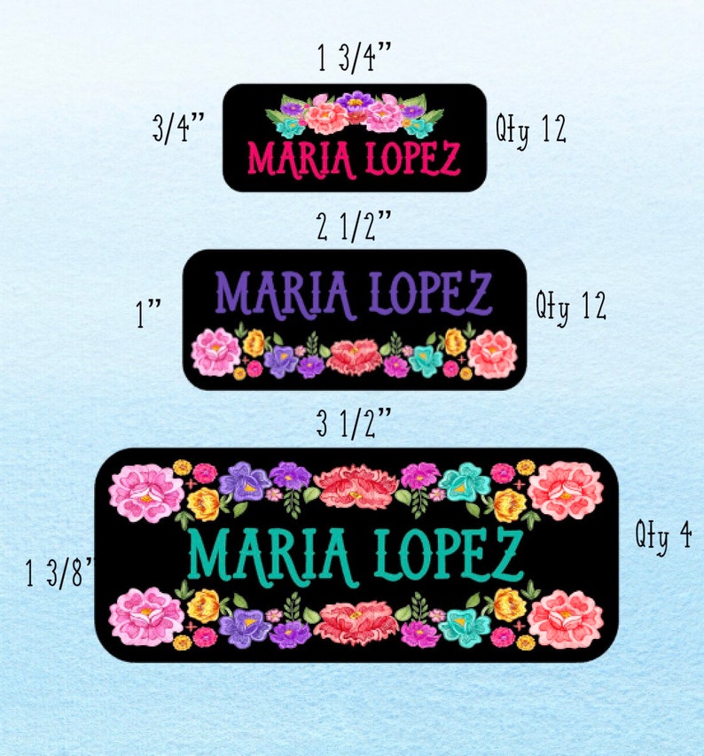 Waterproof Colorful Floral Name Labels on Black