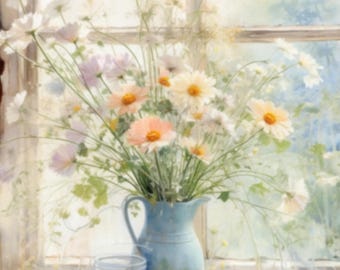 May include: A watercolor painting of a still life featuring a bouquet of daisies in a light blue pitcher. The flowers are white, pink, and yellow. Two small glass jars sit in front of the pitcher on a white surface.