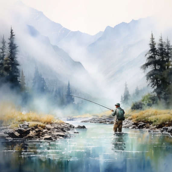Fly Fishing Mountain View Watercolor Print Canvas Wall Art of a Tranquil  Forest Scene Perfect for Outdoor Enthusiasts Fishing or Cabin Decor 
