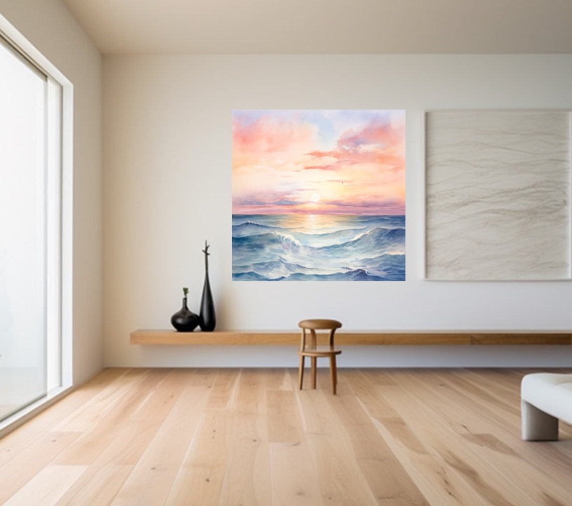 Watercolor Ocean Sunrise Canvas Print, Coastal Beach Wall Art - Etsy