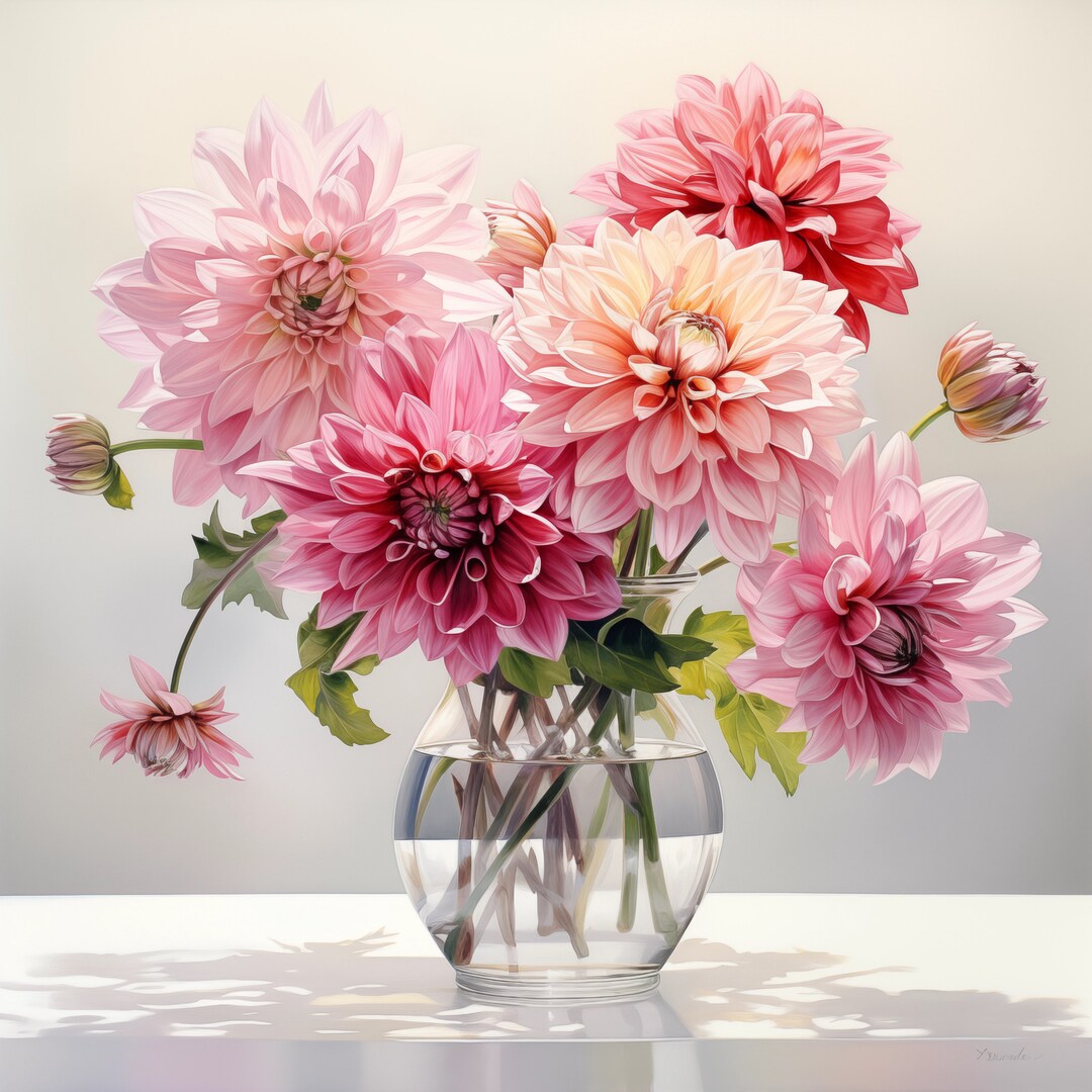 Beautiful Fresh Cut Dahlia Arrangement in a Glass Vase Watercolor