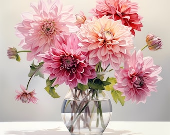 Beautiful Fresh Cut Dahlia Arrangement in a Glass Vase Watercolor Canvas Print Wall Art Floral Decor or a Perfect Housewarming Gift Idea