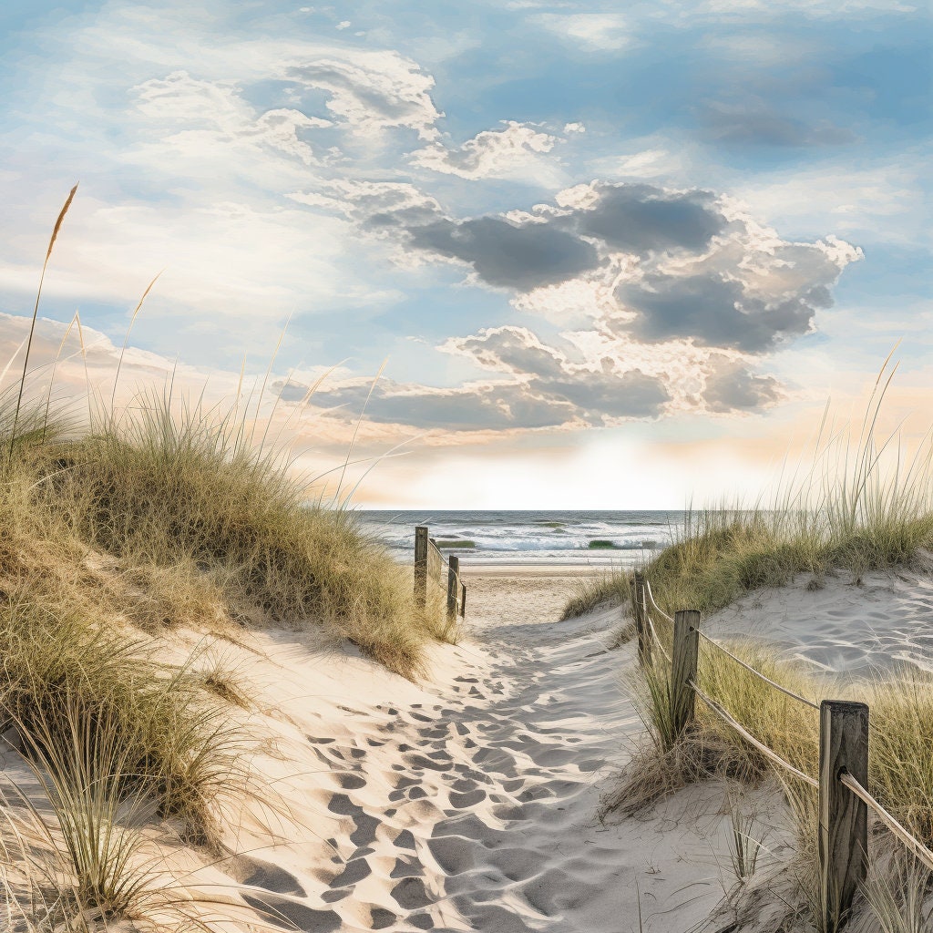 Belle vue sur les dunes de la plage pendant que vous marchez vers l'océan, impression sur toile, art mural, décoration de plage parfaite ou merveilleux cadeau de pendaison de crémaillère