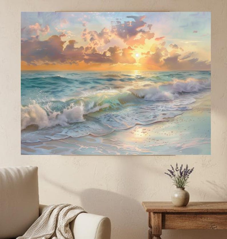 Sunrise Ocean Watercolor Canvas Print | Coastal Beach House Art - Etsy