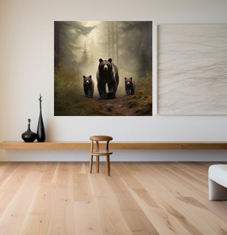 Black Bear and Her Cubs Print Canvas Wall Art of a Tranquil Forest Scene Perfect for Outdoor Enthusiasts Home Hunting or Cabin Decor image 4