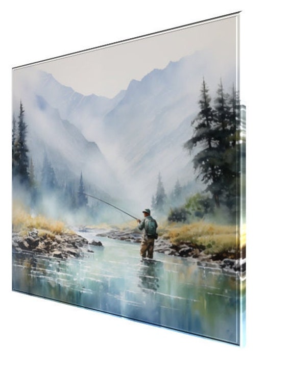 Fly Fishing Mountain View Watercolor Print Canvas Wall Art of a