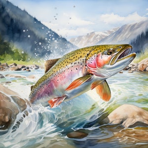 Rainbow Trout Watercolor Print Canvas Wall Art Perfect for Outdoor Enthusiasts Fly Fishing Fisherman or Cabin Decor