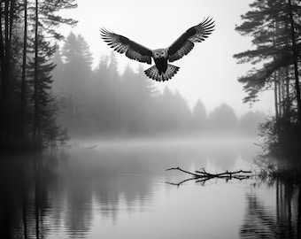 Great Horned Owl Flying Over Water on a Foggy Morning Canvas Wall Art for a Perfect Cabin, Wildlife Decor or a Wonderful Housewarming Gift