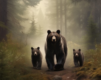 Black Bear and Her Cubs Print Canvas Wall Art of a Tranquil Forest Scene Perfect for Outdoor Enthusiasts Home Hunting or Cabin Decor