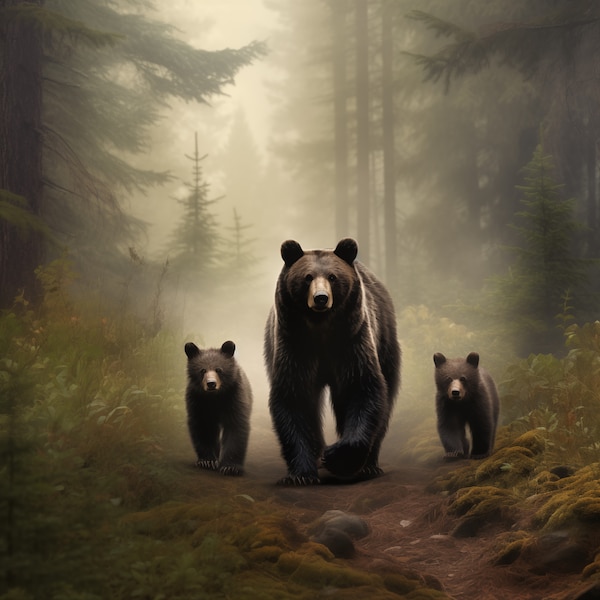 Black Bear & Cubs Canvas Print: Tranquil Forest Scene Wall Art
