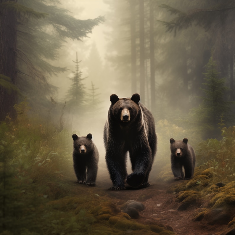 Black Bear and Her Cubs Print Canvas Wall Art of a Tranquil Forest Scene Perfect for Outdoor Enthusiasts Home Hunting or Cabin Decor image 1