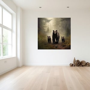 Black Bear and Her Cubs Print Canvas Wall Art of a Tranquil Forest Scene Perfect for Outdoor Enthusiasts Home Hunting or Cabin Decor image 3