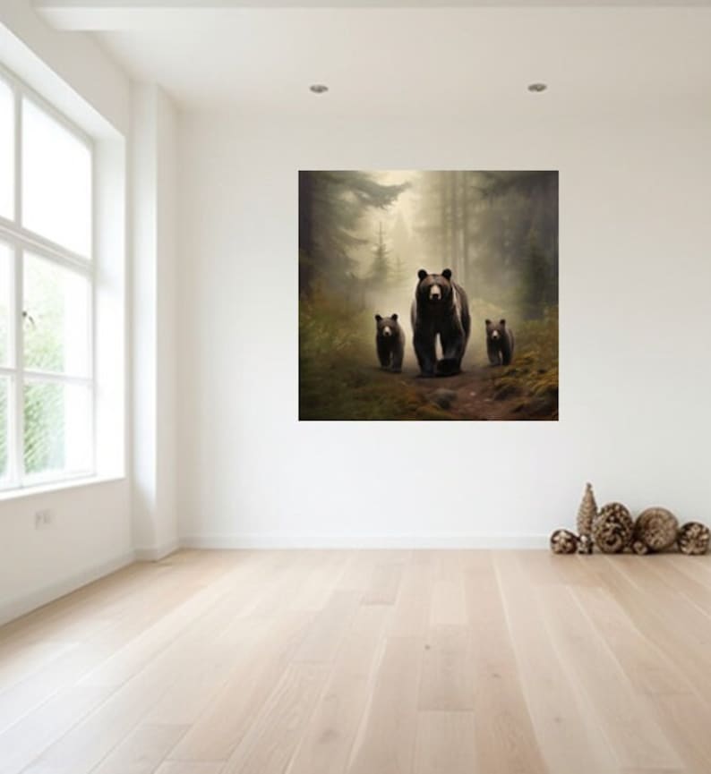 Black Bear and Her Cubs Print Canvas Wall Art of a Tranquil Forest Scene Perfect for Outdoor Enthusiasts Home Hunting or Cabin Decor image 3