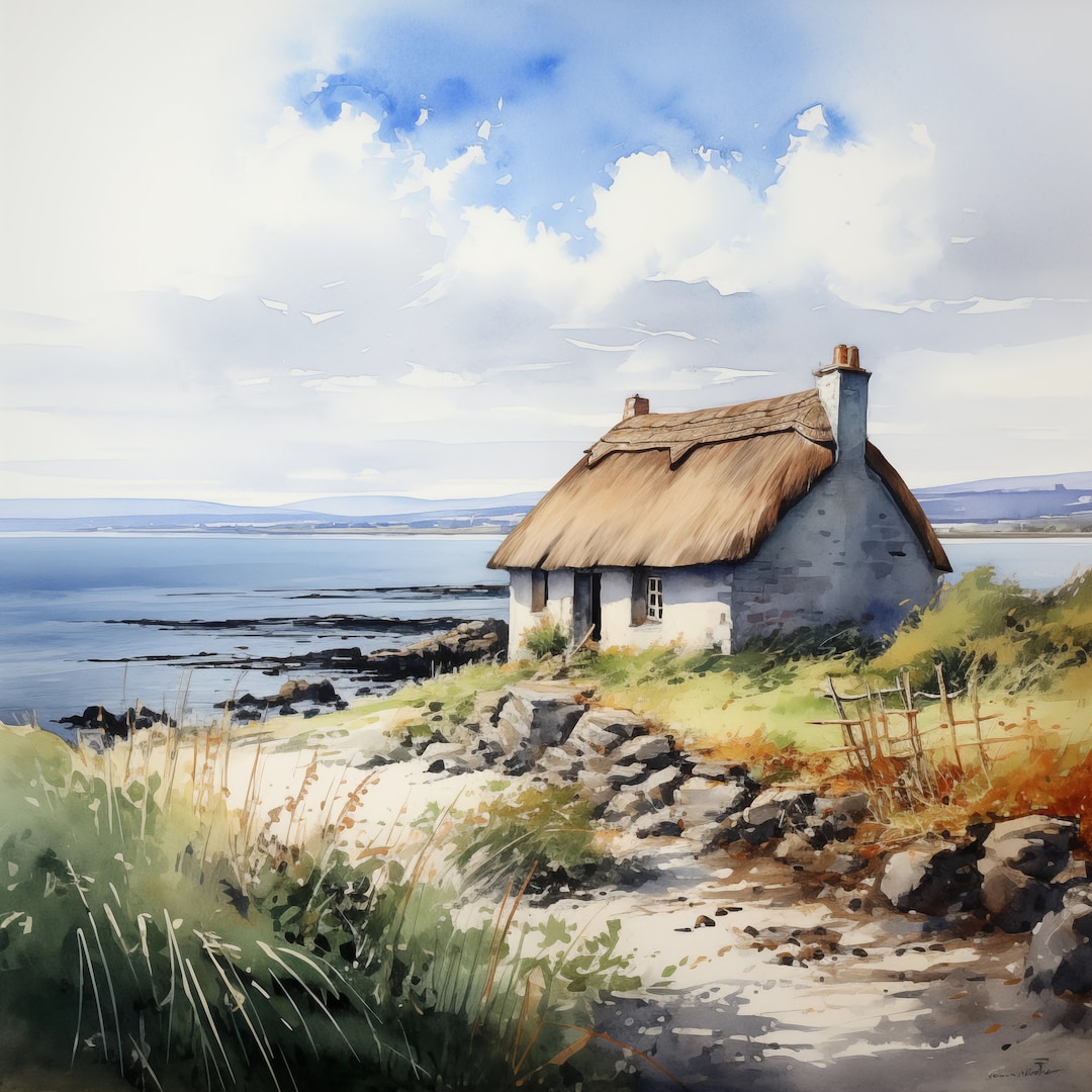 Classic Ireland Cottage Watercolor Canvas Wall Art With a Thatched Roof Perfect as a Gift or