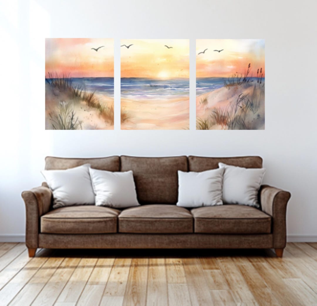 Three (3) Piece Triptych Abstract Print Canvas Wall Art Set | Beach ...
