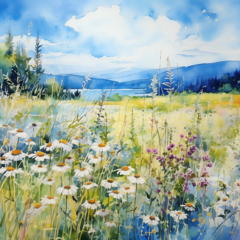 Wildflower Meadow Watercolor Print, Serene Landscape Art - Etsy