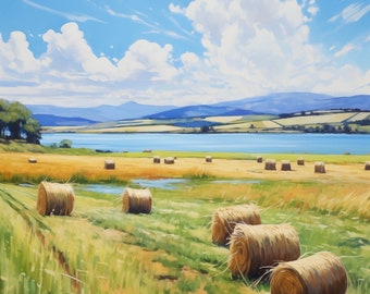 Hay Field Overlooking a Peaceful Lake Oil Canvas Print Wall Art Landscape Floral Decor or the Perfect Housewarming Gift