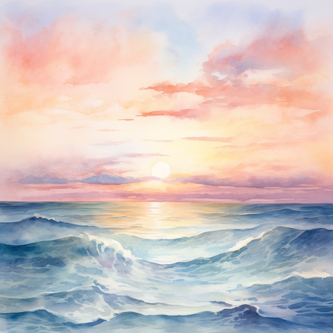 Watercolor Ocean Sunrise Canvas Print, Coastal Beach Wall Art - Etsy