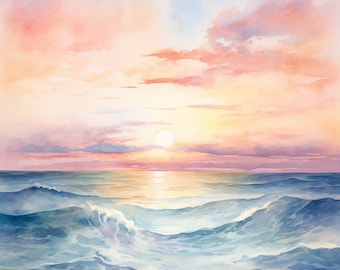 Watercolor Ocean Sunrise Canvas Print, Coastal Beach Wall Art