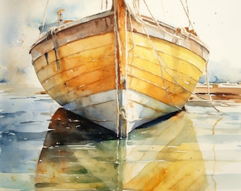 Rustic Yellow Wooden Boat Watercolor Print Wall Art for Beach House or Nautical Decor or the Perfect Housewarming Gift