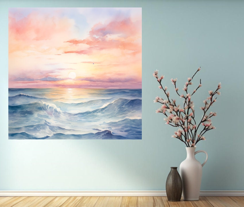 Watercolor Ocean Sunrise Canvas Print, Coastal Beach Wall Art - Etsy