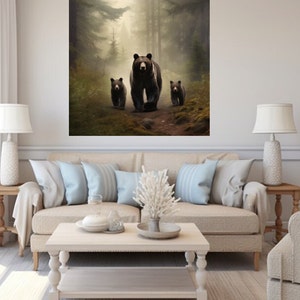 Black Bear and Her Cubs Print Canvas Wall Art of a Tranquil Forest Scene Perfect for Outdoor Enthusiasts Home Hunting or Cabin Decor image 5