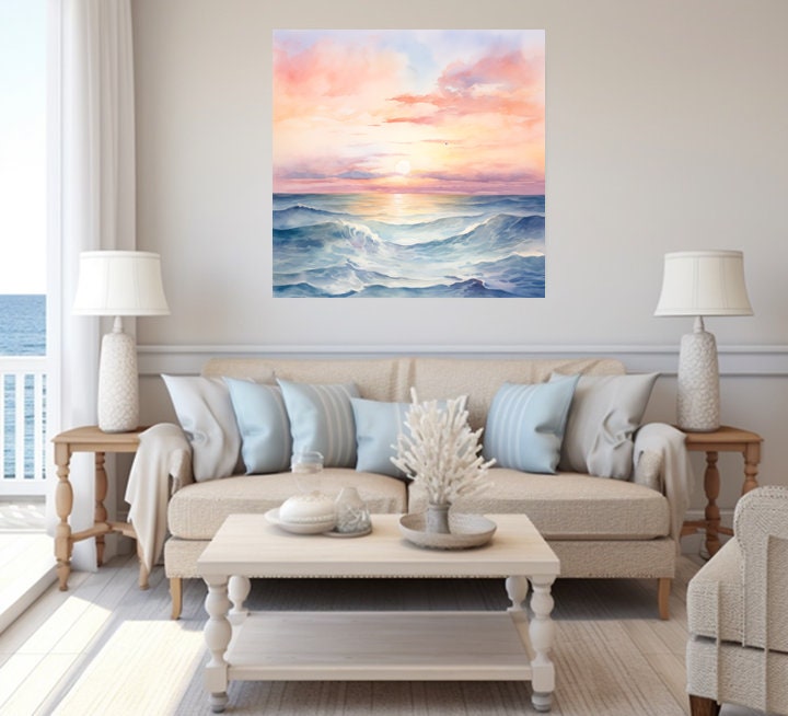Watercolor Ocean Sunrise Canvas Print, Coastal Beach Wall Art - Etsy