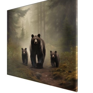 Black Bear and Her Cubs Print Canvas Wall Art of a Tranquil Forest Scene Perfect for Outdoor Enthusiasts Home Hunting or Cabin Decor image 2