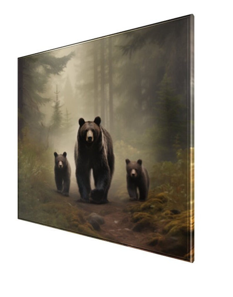 Black Bear and Her Cubs Print Canvas Wall Art of a Tranquil Forest Scene Perfect for Outdoor Enthusiasts Home Hunting or Cabin Decor image 2