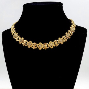 Vintage Crown Trifari Choker / Necklace, Textured Bright Gold Tone with Tiny Crystal Rhinestones & Fleur de Lis Pattern - Petite Adjustable