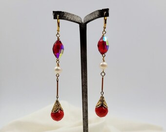 Pendientes de cristal rojo: conjunto de perlas cultivadas vintage