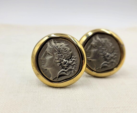 Vintage Kenneth Jay Lane KJL Greek Coin Clip Earr… - image 3