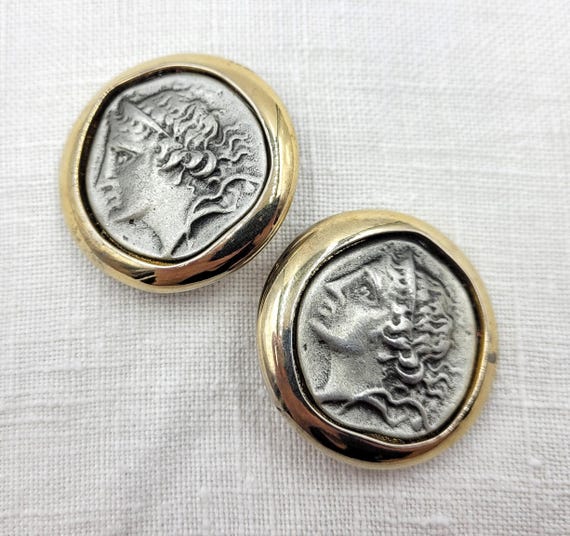 Vintage Kenneth Jay Lane KJL Greek Coin Clip Earr… - image 1