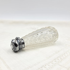 Victorian / Edwardian Antique Sterling Perfume Bottle 3.5&quot; – Cut Glass with Ornate Cap & Original Dauber (c.1900) for Chatelaine