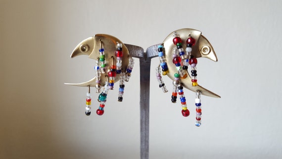 Artisan Brass Scampi Earrings: Funky Beaded Seafood Jewelry Signed VB