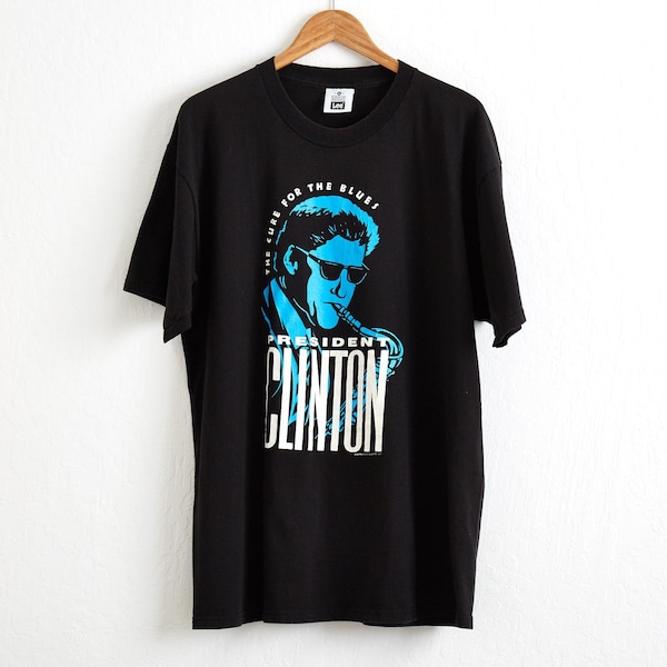 VTG 1992 Bill Clinton T Shirt Sz. XL Extra Large Black Tee President Clinton Cure For The Blues Saxophone Hillary Clinton Politics USA