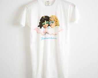 VTG 1980s Fiorucci Angels T Shirt Sz. S Small Deadstock White Tee Cherub Angels Sunglasses Shades Single Stitch Elio Italian Designer