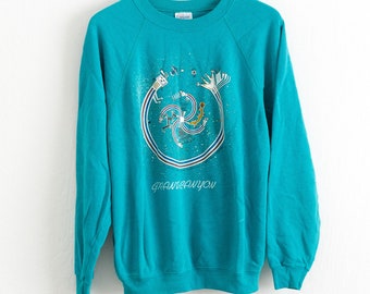 Sudadera Navajo Vintage de 1991, con Pintura de Arena del Suroeste en Verde Azulado, Talla L