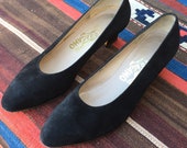 VTG Salvatore Ferragamo Black Suede Shoes Sz. 6.5 B Authentic Womens Leather Heels Pumps Low Ladies
