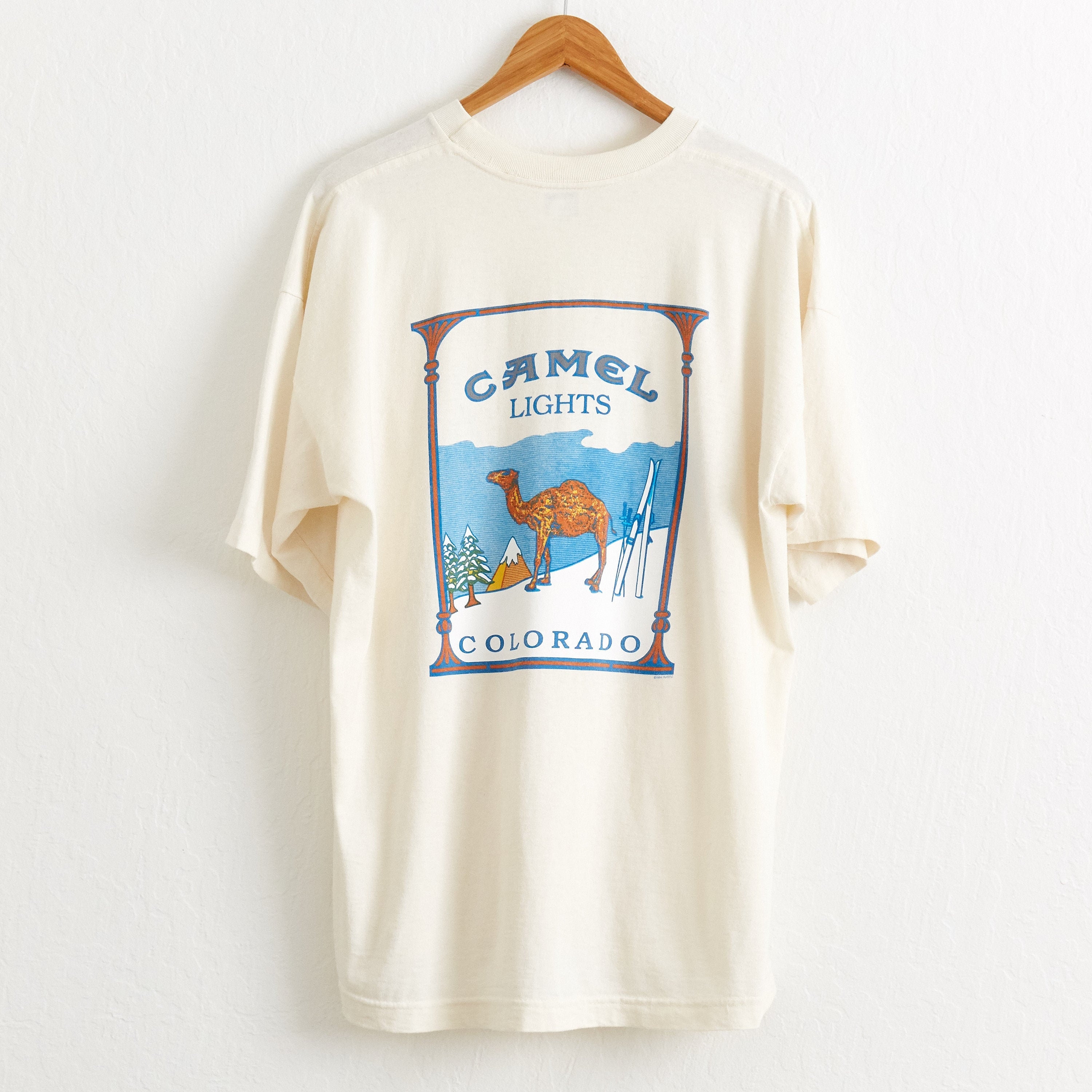 camel t shirt cigarettes VTG 1994 Camel Cigarettes Pocket T Shirt Sz. XL Extra Large White Tee Joe  Camel Colorado Skiing Skier Aspen Vail Marlboro Winston ASAP Rocky