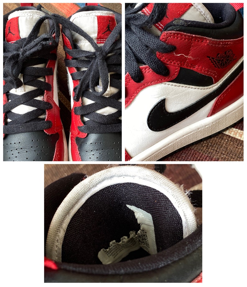 May include: Red and black leather sneakers with white accents and black laces. The sneakers have a white sole and a black swoosh logo on the side.
