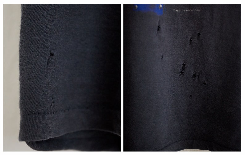Puede incluir: Una camiseta negra con varios agujeros peque&ntilde;os en la tela. Los agujeros est&aacute;n ubicados en la parte delantera y la manga de la camiseta.