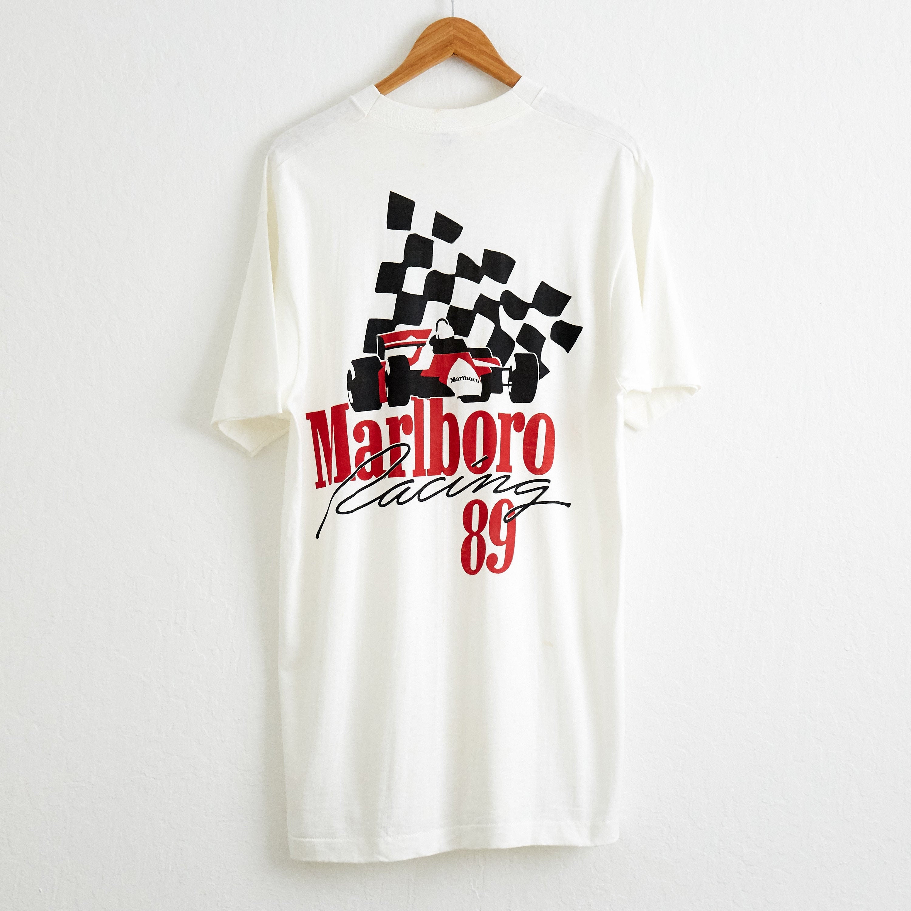 VTG 1989 Marlboro Racing Team Pocket T Shirt Sz. XL White Tee