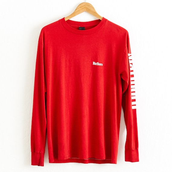 Vintage 80s Marlboro Arm Logo T-shirt - Red Long Sleeve Tee Sz. M