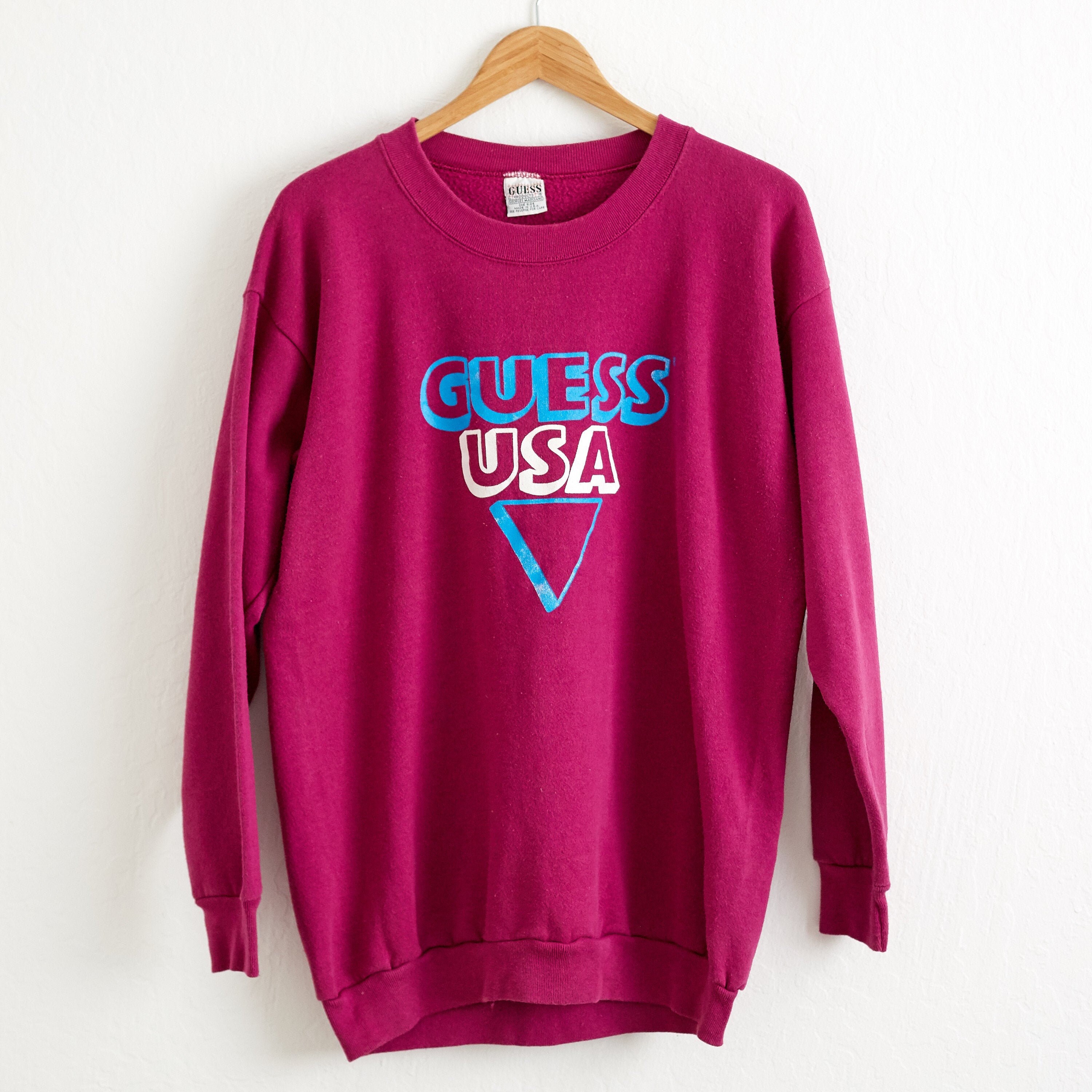 IKEBOOTH Vtg 1980s Guess Crewneck Sweatshirt Sz. L Large Purple Cotton Pullover Guess by Georges Marciano Question Mark ?