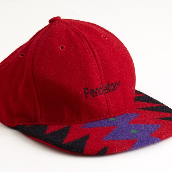 VTG 1990s Pendleton Wool Baseball Hat Cap Strapback Leather Red Purple Southwestern Blanket High Grade Western Wear Tribal Navajo Aztec