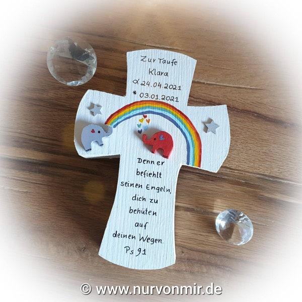 Taufkreuz mit Regenbogen, Holzkreuz, Kinderkreuz zur Taufe, Kommunion Elefanten, Elefant