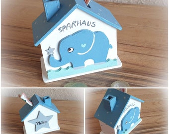 Spardose mit Namen, Kinderspardose Haus mit Elefant und Stern zur Taufe