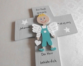 Taufkreuz, Schutzengel Kreuz mit niedlichem 3D Engel, personalisiert, Taufgeschenk für Junge zur Taufe mit Name